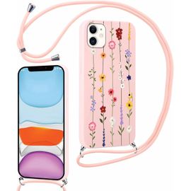 Eryi-Coque Pour Apple Iphone 12/Iphone 12 Pro 6,1"" Avec Cordon, Cute Aesthetic Motif Réglable Collier Housse, Silicone Étui Bumper Protection Case Avec Corde Lanyard Pour Iphone 12/12 Pro, Fleur4