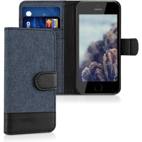 KAL-Coque Portefeuille Compatible Avec Apple Iphone Se (1.Gen 2016) / Iphone 5 / Iphone 5S - Étui À Rabat Simili Cuir Avec Compartiment Cartes - Bleu Foncé-Noir