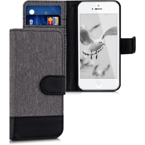 CAUC-Coque Portefeuille Compatible avec Apple iPhone SE (1.Gen 2016) / iPhone 5 / iPhone 5S - Étui à Rabat Simili Cuir avec Compartiment Cartes - Gris-Noir