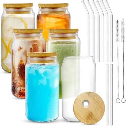 Lot De 6 Grands Verres En Forme De Canette - Amoune - Verre Avec Paille Et Couvercle - Bubble Tea - 500 Ml