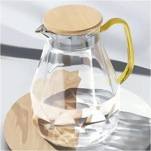 Carafe En Verre - Zgeer - 2 Litres - Design Diamant - Couvercle En Bois - Durabletransparent Avec Couvercle En Bois Et Poignée Jaune