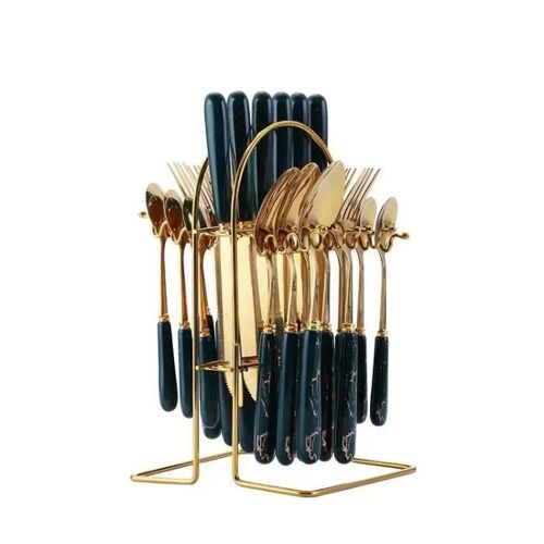 24pcs Couverts, Ensemble De Couverts À Steak En Acier Inoxydable Avec Manche En Céramique,Vert Foncévert Foncé