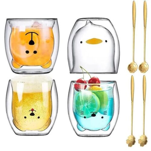 Tasse À Café En Verre 250ml ,4pcs Verres À Double Paroi, Ensemble De Tasses En Verre De Dessin Animé Avec Cuillèresverre
