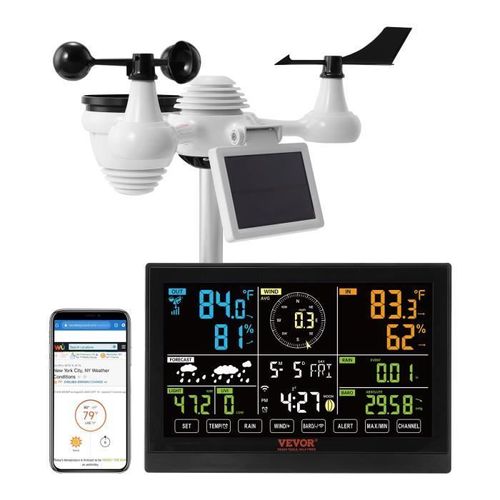 Station Meteo Solaire - VEVOR - Station Météo Sans Fil 7 en 1 Capteur Extérieur - Écran Couleur 7,5 po