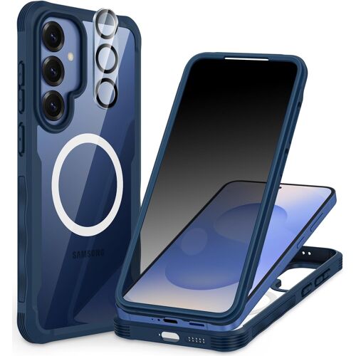 CAUC-Anti Espion Coque Samsung Galaxy S25, avec Protection écran Verre Trempé Anti Espion et Protecteur Caméra, 360° Antichoc Téléphone Magnétique Housse Double Face Case Intégrale Etui - Bleu