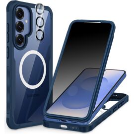 CAUC-Anti Espion Coque Samsung Galaxy S25, avec Protection écran Verre Trempé Anti Espion et Protecteur Caméra, 360° Antichoc Téléphone Magnétique Housse Double Face Case Intégrale Etui - Bleu