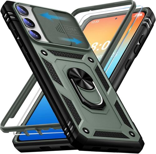 JGD-Coque pour Samsung Galaxy S23 avec Verre Trempé, 360° Antichoc Étui de Militaire Protection Anneau Support Renforcée Armure Telephone Housse pour Samsung S23 5G Case (Vert Armée)