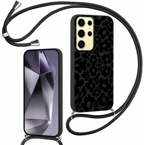 KAL-Coque Pour Samsung Galaxy S24 Ultra 5G 6,8"" Avec Cordon De Collier, Aesthetic Floral Motif Étui Housse Réglable Lanyard Corde, Souple Silicone Tpu Antichoc Protection Case, Noir Fleur