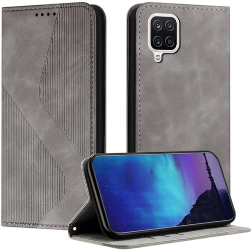 Kal-Coque Pour Samsung Galaxy A12/M12, Coque Samsung A12/M12, Housse Samsung A12/M12, Housse En Cuir Pu Portefeuille Magnétique Etui De Protection, Flip Case Pour Galaxy A12/M12 (Gris)