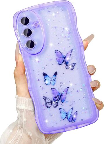 TRAHOO-Transparent Coque pour Samsung Galaxy A15 4G/5G, Curly Wave Frame Étui en Silicone Liquide, Housse de Téléphone en Motif de Papillon Antichoc Bumper Cover pour Filles Femme, Violet