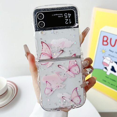 TRAHOO-Coque pour Samsung Galaxy Z Flip 3/Z Flip 4 5G, Curly Wave Frame Étui en Silicone Liquide, Housse de Téléphone en Motif de Papillon Antichoc TPU Bumper Cover Case pour Filles Femme, Blanche