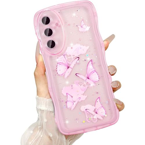 Transparent Coque Pour Samsung Galaxy A13 5g, Curly Wave Frame Étui En Silicone Liquide, Housse De Téléphone En Motif De Papillon Antichoc Bumper Cover Pour Filles Femme, Rose