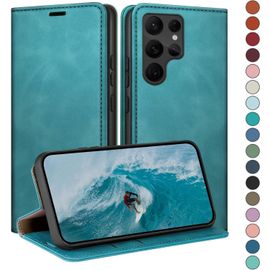 Kal-Coque Pour Samsung Galaxy S22 Ultra Avec Rfid Blocage Etui À Rabat En Cuir De Premium,Case À Rabat,Fentes Cartes,Coques De Cover Pour Samsung S22 Ultra Portefeuille Vert D'eau