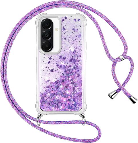Coque Pour Samsung Galaxy A26 5G Avec Cordon, Paillette Liquide Transparent Crystal Glitter Housse, Protection Antichoc Silicone Souple Tpu Bumper Case, Réglable Collier, Violet[HOU995668]
