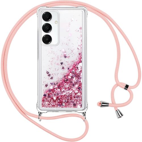 SJZG-Coque Pour Samsung Galaxy S25 Plus 5G Avec Cordon,Paillette Liquide Transparent Crystal Glitter Housse,Protection Antichoc Silicone Souple Tpu Bumper Case,Réglable Collier Pour Samsung S25+,Rose