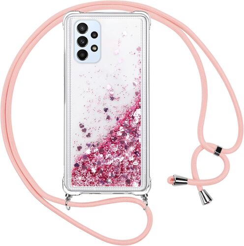 SJZG-Coque Pour Samsung Galaxy A23 4G Avec Cordon, Paillette Liquide Transparent Crystal Glitter Housse, Protection Antichoc Silicone Souple Tpu Bumper Case,Réglable Collier Pour Samsung A23 4G, Rose
