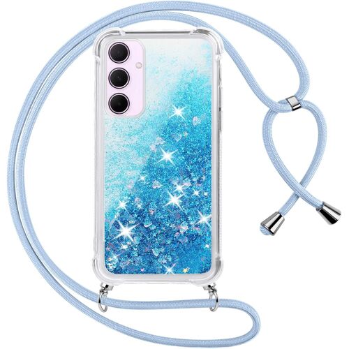 SJZG-Coque Pour Samsung Galaxy A35 Avec Cordon, Paillette Liquide Transparent Crystal Glitter Housse, Protection Antichoc Silicone Souple Tpu Bumper Case, Réglable Collier Pour Samsung A35, Bleu