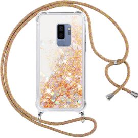 Eryi-Coque Pour Samsung Galaxy S9 Plus Avec Cordon, Paillette Liquide Transparent Crystal Glitter Housse, Protection Antichoc Silicone Souple Tpu Bumper Case, Réglable Collier Pour Samsung S9+, Or