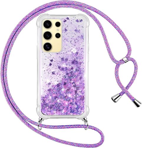 SJZG-Coque Pour Samsung Galaxy S24 Ultra Avec Cordon, Paillette Liquide Transparent Crystal Glitter Housse, Protection Antichoc Silicone Tpu Bumper Case,Réglable Collier Pour Samsung S24Ultra, Violet