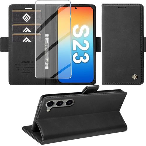 Coque Samsung Galaxy S23 ¿ Housse Portefeuille Magnétique En Cuir Pu Premium, 3 Fentes Cartes + Poche, Antichoc Avec Protection Écran, Support Multi¿Angle & Rfid (Noir)
