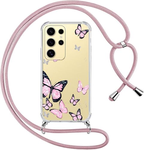 SJZG-Coque Avec Cordon Pour Samsung Galaxy S25 Ultra 5G 6,8"", Collier Étui Transparente Aesthetic Motif Papillon Filles Case, Silicone Tpu + Pc Antichoc Housse Tour De Cou Laniere Corde Cover, 04