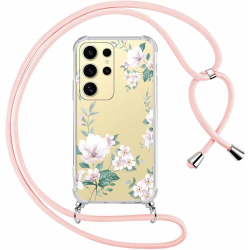 SJZG-Coque Avec Cordon Pour Samsung Galaxy S24 Ultra 5G 6,8"", Transparente Aesthetic Motif Fleur Étui Collier Lanière Corde Lanyard Case, Silicone Tpu + Pc Antichoc Housse Pour Samsung S24 Ultra,11