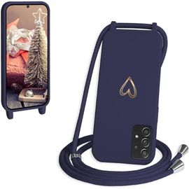 TRAHOO-Coque avec Cordon pour Samsung Galaxy A23 5G/A23 4G, Coque de Cellulaire Corde Silicone Étui en Motif Coeur avec Réglable Collier Téléphone Chaîne Lanyard Case Housse pour A23, Bleu Foncé