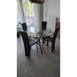 Table à manger ronde diamètre 130cm plateau en verre brisé épaisseur 2cm et pied en fer forgé noir