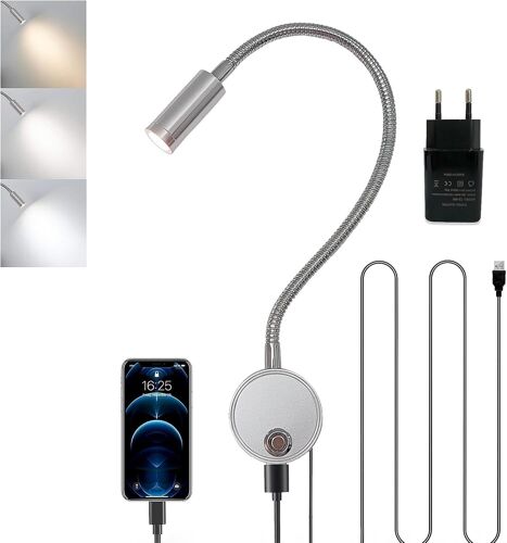 Lampe de Lecture Dimmable Tactile,Lumière Liseuse Murale Intérieur LED avec Interrupteur et Port de Chargement USB 360°Lampe Lit à Col de Cygne Flexible Applique Chevet Chambre avec Adaptateur EU