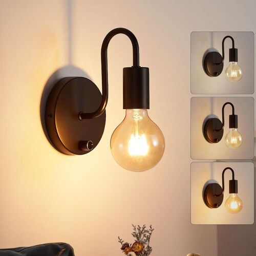 Applique Murale Avec Interrupteur Dimmable,Lampe Murale Intérieure Industrielle Vintage Noir Fer E27 Luminaires Intérieur Chambre Salon Couloir