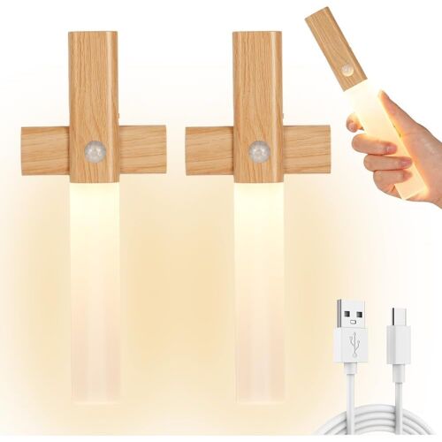 Applique Murale En Bois Avec Détecteur De Mouvement,2 Pièces Veilleuse Rechargeable Murale Intérieur,Lampe Murale Sans Fil,Magnétique Lampe De Chevet Murale Pour Escalier Chambre Couloir.[V15]