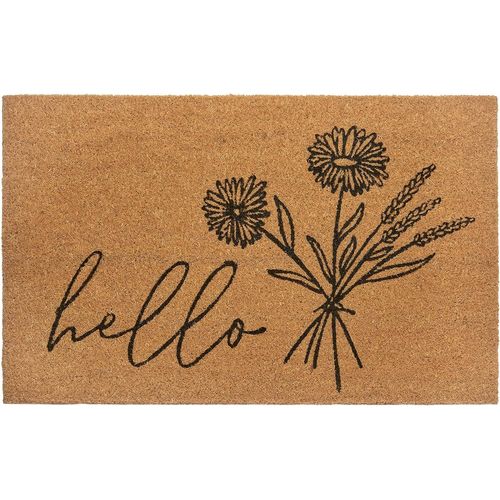 Uuq-Paillasson En Coco Pour L'intérieur - 45 X 75 Cm - Paillasson En Coco - Design Floral - Hello - Antidérapant - Pour Entrée Et Extérieur Couvert - Naturel