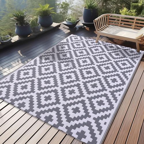 Sjzg-Tapis D'extérieur Résistant Aux Intempéries, En Plastique, Résistant Aux Uv, Réversible, Lavable, Pour Balcon, Jardin, Terrasse, Camping, Pique-Nique (120 X 180 Cm, Gris Et Blanc)