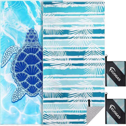 Kalanka-Serviette De Plage Xxl 2er Ensemble 90 * 180cm, Grande Serviette En Microfibre À Séchage Rapide, Serviette De Bain Sans Sable, Couverture De Plage Pour Femmes. (Tortue + Feuilles)