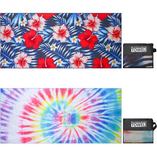 Serviette De Plage Homme Femme Xxl Grande Microfibre Léger Et Doux Anti Sable Séchage Rapide Drap De Plage Avec Sac En Filet 80×180cm Fleurs Tropicales + Tie Dye Coloré 2pc