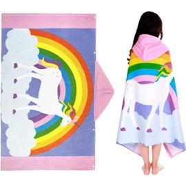 Serviette De Plage Capuche Enfant,Cape Serviette,Serviette Poncho Pour Garcon And Fille,100% Coton,Très Absorbant,127 X 76cm,Licornes Arc-En-Ciel