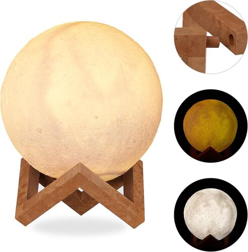 3D Lunbe Lamp, 2 Colours, Adjustable, Touch Sensor, No Cable, with Stand, for Children, Moonlight LED, 15 cm, White, 18.5 x 15 x 15 cm