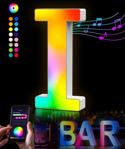 ERSAN-Lettres Lumineuses Alphabet - Lumineux Lampe LED Lettre RGB App Controllo Lumières Lettre Opérateur à USB pour Réceptions Fête Mariage Noël Maison Bar Décoration (I)