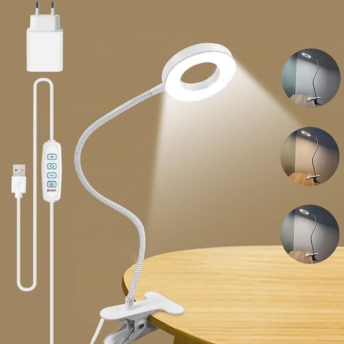 Kalanka-Lampe De Bureau, 3 Modes D¿Éclairage &10 Niveaux Dimmable, Lampe De Lecture À Pince Pour Lire Et Travailler, Avec Chargeur Usb,Bras D'éclairage Rotatif À 360 Degrés