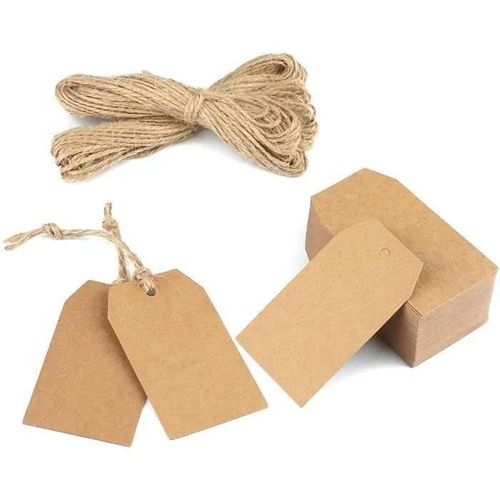 Marque place kraft, Étiquette Papier Kraft Étiquette Cadeaux 7x4cm, 100PCS avec Ficelle de Jute, pour Mariage, Noël, Cadeaux de