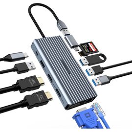 CIVV-Station D'Accueil Usb C 12 En 1 À Triple Écran,Hub Usb C Via Vga/2 X Hdmi,Adaptateur Usb C (Usb A 3.0,1 G Ethernet,Pd 100 W,Micro 3,5 Mm,Lecteur Sd/Tf)