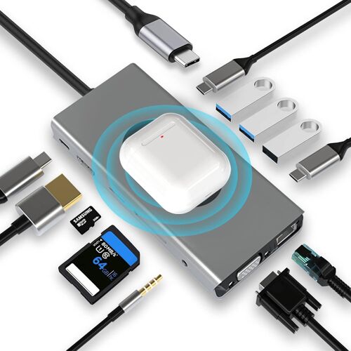 HUB Dongle avec charge sans fil, adaptateur de station d'accueil 13 en 1 avec HDMI 4K, VGA, 2 x USB 3.0, USB C 3.0&2.0, RJ45 Ethernet, PD 100 W, SD/TF et AUX 3,5 mm, compatible avec MacBook Pro