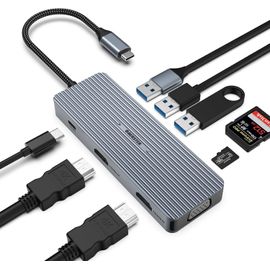 CIVV-Hub Usb C,Adaptateur Usb C 9 En 1 Triple Affichage Avec 2 X Hdmi/Vga,Station D'Accueil Rapide Mac Pro/Air 5Gbps Pour Lenovo Et Périphériques De Type C (Sd/Tf+Usb A 3.0/2.0+Pd Charging)