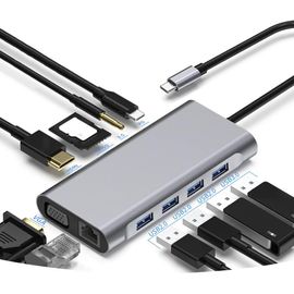 CIVV-Borlterclamp Hub Usb C,Adaptateur Usb C Multiport 11 En 1 Avec Hdmi 4K Et Vga,Port Ethernet,4 Ports Usb,Port Pd 100W,Lecteur De Carte Sd Et Microsd,Audio 3,5Mm Pour Macbook Pro,Xps,Et Pl