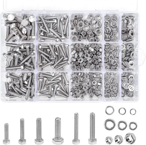 Belle Vous Assortiment Vis, Écrous et Rondelles (510 Pièces) - Kit Visserie de Boulons Hexagonaux à Tête Plate en Acier Inoxydable 304 - Vis M4 M5 et M6 - Rondelles Plates/Élastique avec Boîte