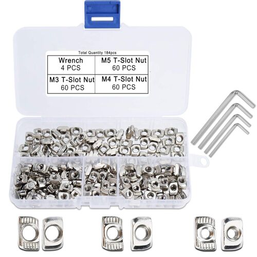 T Nuts Écrous en T M3 M4 M5 T-Slot Nuts Assortiment Kit en Acier au Carbone Nickelé avec 4 Clés Allen pour 20 Séries Profilé en Aluminium 184 Piéces