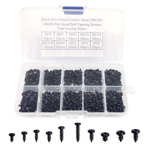 Kit de Vis Autotaraudeuses en Acier au Carbone - 500 Pièces Noir à Tête Fraisée et Ronde, Cruciformes et Autotaraudeuses, Tête Fraisée Noire