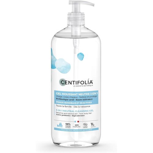 Gel Moussant Neutre | Nettoie En Douceur | Peaux Sensibles & Réactives | Dès La Naissance | Visage,Corps & Cheveux | 98% Naturel | Bio & Vegan | Fabrique En France | 1l 