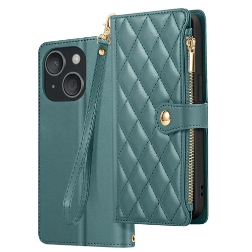 Étui Portefeuille pour iPhone 15 Texturé avec Support Vidéo et Porte-cartes Vert foncé