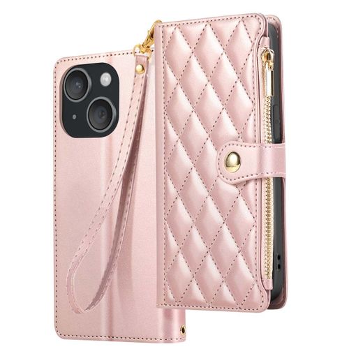 Étui Portefeuille pour iPhone 15 Texturé avec Support Vidéo et Porte-cartes Rose